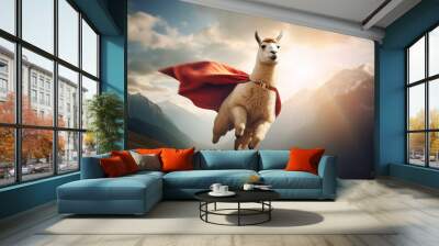 A superhero lama flying in the air. A dream-like portrait of a lama Wall mural