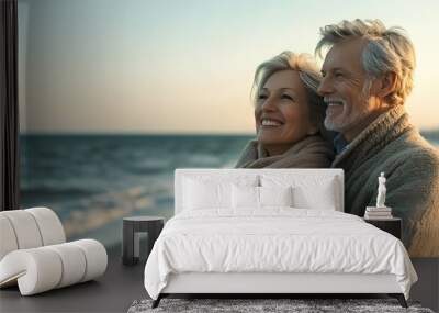 A happy senior couple smiling and walking hand in hand on the beach, with the ocean behind them Wall mural