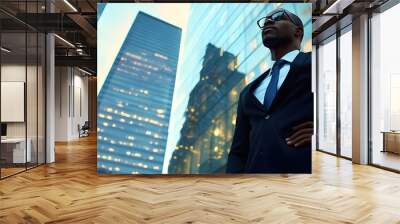 A well-dressed black businessman stands in front of skyscrapers Wall mural