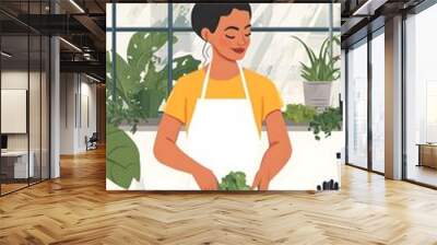 A woman wearing an apron is preparing vegetables in the kitchen, surrounded by fresh ingredients and colorful fruits Wall mural