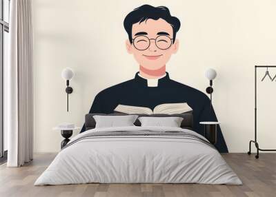 A young priest, wearing glasses and a black shirt with a white collar, holds an open Bible in both hands Wall mural