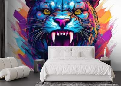 The design features a fierce panther head in neon colors, surrounded by vibrant splashes, capturing a dynamic urban art style. Generative AI Wall mural