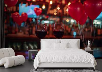 Cinematic photograph of two red wine glasses at a pub. Dim lights Heart shaped balloons and confeti. Valentines. Love Wall mural