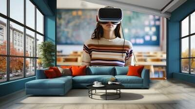 Photograph of one woman in a school classroom wearing a VR headset. Wall mural