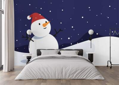 Cute snowman wearing Santa hat on snow ground with falling snow. Concept of winter season, outdoor night, Christmas. Flat vector illustration cartoon character. Wall mural