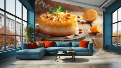 Orange cake with almonds on white surface - Ai generated Wall mural