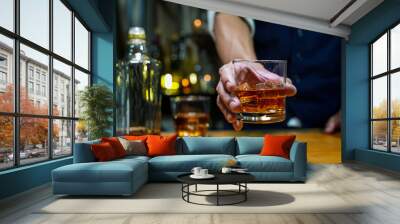 Bartender Serve Whiskey, on wood bar,  Wall mural