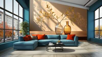 Golden Hour Tranquility Two clear glass vases catch the warm afternoon sunlight, a delicate branch casting artistic shadows on the wooden table. Wall mural