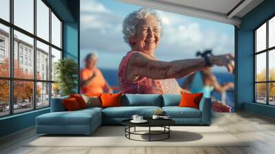 A senior woman smiling and shaking her hips with confidence as she participates in a Zumba workout on a lively cruise ship  Wall mural