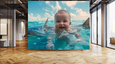 A smiling baby floats on its back in the ocean with shark fins sticking out of the water 01 Wall mural