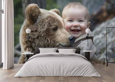 A smiling baby on a bear's back 03 Wall mural