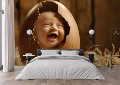 A smiling human baby emerges from a newly hatched egg 02 Wall mural