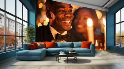 A sophisticated birthday celebration for a discerning black man, boasting upscale decor and fine dining, captured in a close-up shot showcasing the celebrant's jubilant demeanor Wall mural