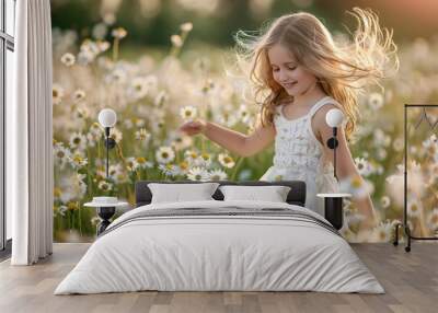 A young girl twirling in a field of daisies, her laughter echoing through the meadow as she dances with abandon Wall mural