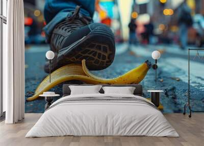 Close-up of a shoe stepping on a banana peel, its sole slipping on the yellow skin, against the backdrop of a bustling city street, illustrating the comical mishap of urban life Wall mural