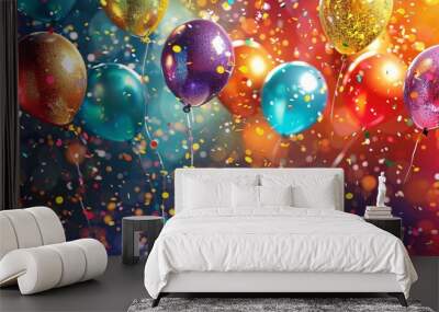 Festive New Year's background adorned with colorful balloons and confetti 01 Wall mural