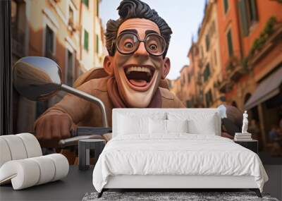 Gros plan d'un homme à scooter dans une ville italienne style cartoon caricature » IA générative Wall mural