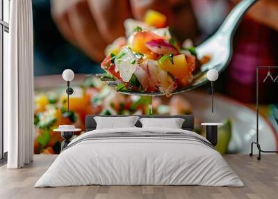 Macro shot of a person savoring a forkful of tangy ceviche Wall mural