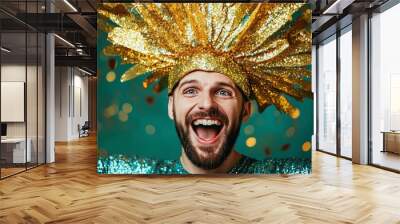 Man with carnival headdress, golden sequins, green background, excited and happy, close-up 5 Wall mural