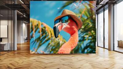 Portrait of a cute flamingo bird wearing sunglasses and a hat, with a summer vacation concept background. A tropical, colorful scene with palm trees Wall mural