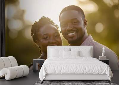 Portrait of a smiling couple in a park, golden hour lighting, natural background, medium shot, front angle 3 Wall mural