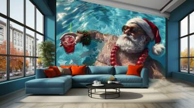 Realistic depiction of Santa Claus relaxing in a pool, soaking up the summer sun, with a cocktail in hand 01 Wall mural