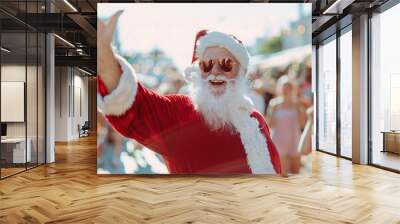 Realistic photo of Santa Claus attending a summer festival, dancing in the streets with joyous crowds 05 Wall mural