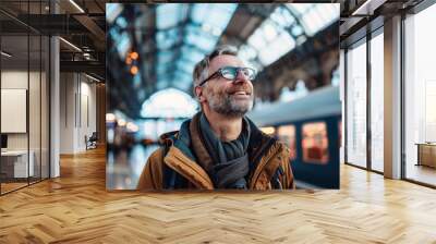 Senior man with a carefree expression, admiring the architecture of the train station as he waits for his departure Wall mural