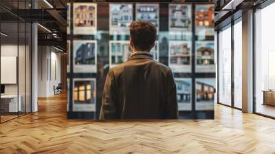 Street view: A man scrutinizing property listings on display at a real estate agency 02 Wall mural