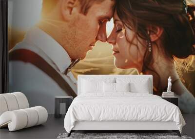 Up-close perspective of a bride and groom sharing a tender moment, their eyes locked in love, surrounded by the warmth of sunlight, embodying the essence of marital bliss and unity 06 Wall mural