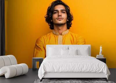 Young Indian man with medium-length hair, wearing traditional attire, looking proud on an orange background 2 Wall mural