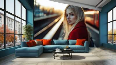 Young woman with blonde hair in a red coat waiting for the train at the station during sunset 4 Wall mural