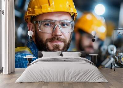 A group of engineers and technicians working together in a factory setting examining and discussing the machinery and equipment used in the manufacturing process  They are gathered around a workbench Wall mural