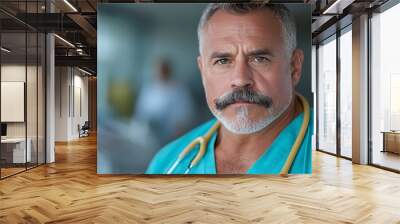 A man with a mustache stands at a health screening event focused on cancer prevention and early detection Wall mural