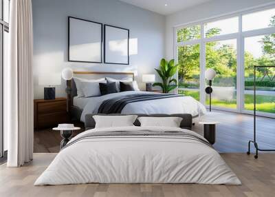 Bright and inviting modern bedroom with clean elegant lines large windows and soft natural light creating a calming and tranquil ambiance  The room features contemporary furniture and decor Wall mural