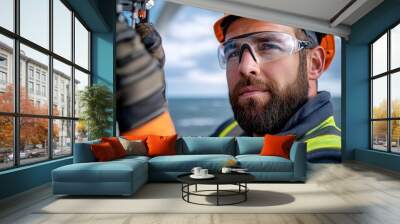 Close up image of a technician in safety equipment tightening bolts on the nacelle of a wind turbine with crashing ocean waves visible in the background Wall mural