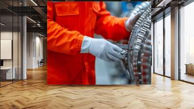 Close up view of an engineer s hands carefully inspecting and measuring a turbine blade using a precision caliper and other tools in an industrial workshop or factory setting Wall mural