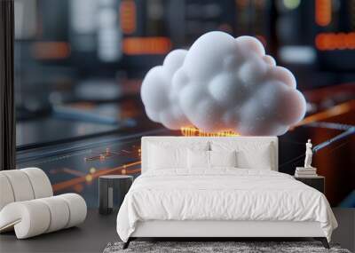 Compact 3D Cloud Icon with Glowing Server Nodes in a Smooth Two Tone Grid Representing Cloud Hosting and Network Architecture Concepts Wall mural