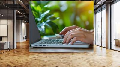 Concentrated Asian female customer making online purchase from her home bedroom typing on laptop to complete credit card payment for e commerce transaction Wall mural