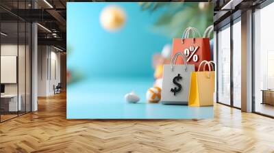 Creative Black Friday design featuring a chrome 3D percent symbol and shopping bags against a vibrant cyan background conveying the concept of discounts sales and e commerce promotions Wall mural