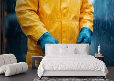 Detailed close up shot of an engineer s face and hands intently focused on repairing a machine with water pouring off their raincoat and tools glistening under the lights in the rainy environment Wall mural