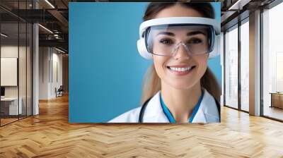 Female doctor examining healthcare innovations and intelligent data analysis through a futuristic holographic interface focusing on medical research and discovery Wall mural