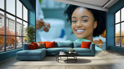 Female patient sitting in dentist s chair while receiving comprehensive oral health checkup and treatment in futuristic monochromatic medical clinic setting Wall mural