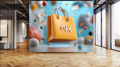 Futuristic 3D percent icon with colorful shopping bags and sharp electric lightning bolts cutting through the dark representing online shopping e commerce Wall mural