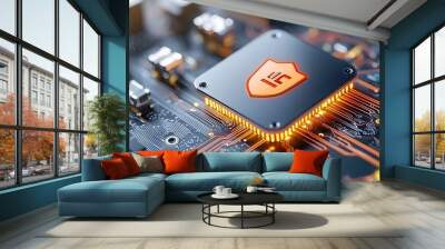 Futuristic Interface Showcasing Multi Layered Security Protocols for Network Communication with Glowing Encryption Lines Wall mural