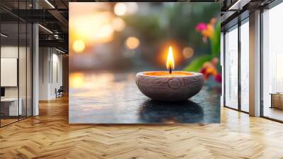 Glowing diya oil lamp placed in front of an ornate Hindu temple during the Diwali festival of lights The flame illuminates the sacred architecture and creates a serene spiritual atmosphere Wall mural