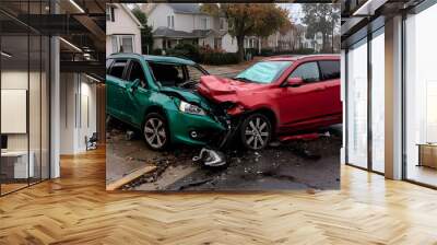 Head on Collision of Two Vehicles in a Suburban Neighborhood Amid Heavy Rain Incident Causing Significant Damage and Debris on the Wet Street Wall mural