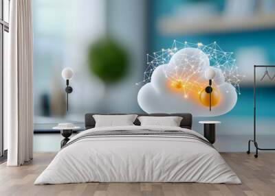 Interconnected 3D cloud icon with glowing nodes floating in a smooth two tone digital space representing network architecture and technological innovation Wall mural