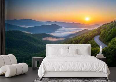 Majestic mountain road winding through a lush verdant forest at the enchanting hour of sunrise offering a breathtaking scenic vista of nature s beauty and serenity Wall mural