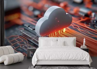 Minimalist 3D of a small cloud icon with neon lit server nodes connected by digital wires set against soft gradients representing a modern data system and network connectivity Wall mural